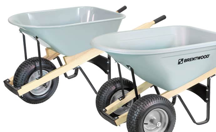 2 gray wheelbarrows designed for concrete applications