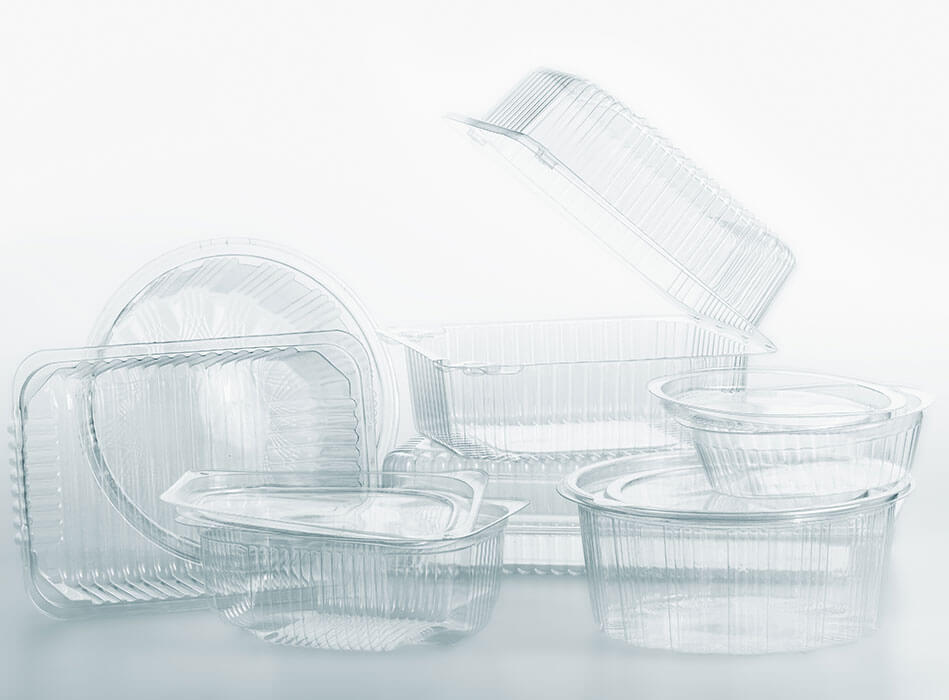 Group of transparent plastic containers box of food package on white background