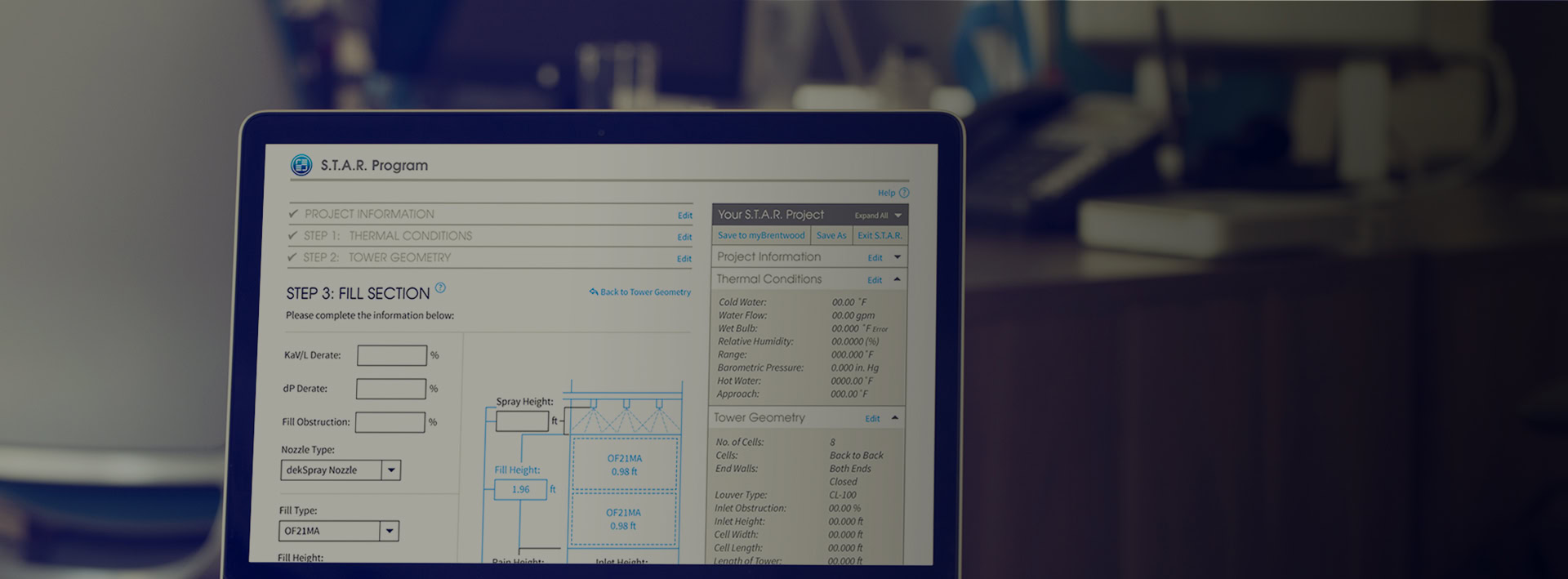 A laptop screen displaying a software interface labeled "S.T.A.R. Program." The screen shows sections for project information, thermal conditions, and tower geometry, with various input fields and a diagram.