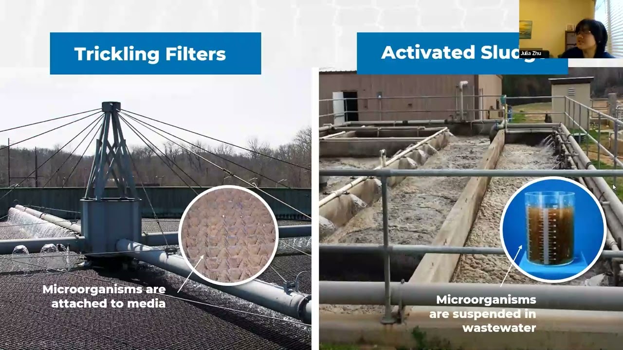 An image comparing two wastewater treatment processes: Modern Trickling Filter Solutions and Activated Sludge. The Trickling Filter section shows microorganisms attached to media, while the Activated Sludge section depicts microorganisms suspended in wastewater.