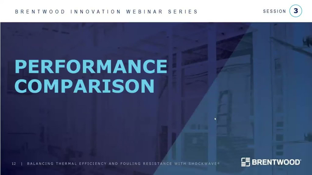 Slide with the title "Performance Comparison" in large blue text. It is part of the Brentwood Innovation Webinar Series, Session 3. The background features a semi-transparent industrial image highlighting Thermal Efficiency. The Brentwood logo is present at the bottom right corner.