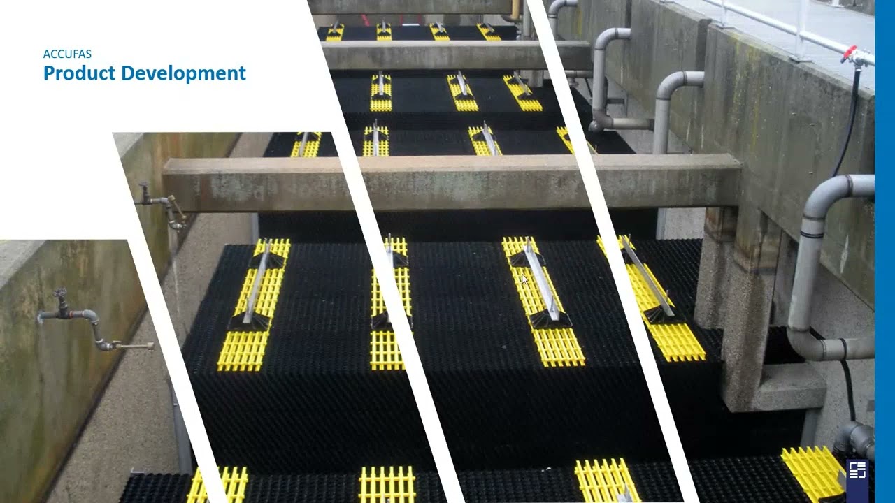 An industrial setup featuring large concrete tanks filled with black and yellow grating marks a cutting-edge innovation in Bioreactor Solutions. Piping and valves are visible on the right. The words "ACCUFAS Product Development" are displayed on a white overlay on the left side of the image.