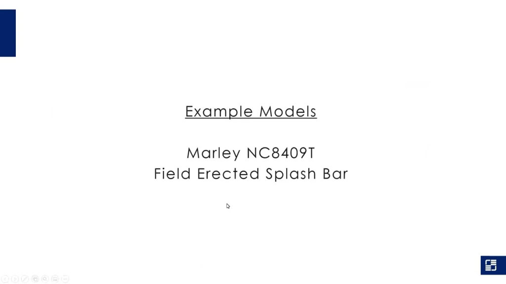 演示幻灯片的标题为“示例模型”，后面跟着文字“Marley NC8409T 现场安装防溅杆”，白色背景的中央展示了其塔级。