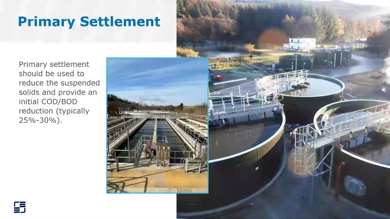 A slide titled "Primary Settlement" shows a water treatment facility with circular settling tanks and a detailed view of sedimentation tanks. Text reads: "Primary settlement processes should be used to reduce the suspended solids and provide an initial COD/BOD reduction (typically 25%-30%).