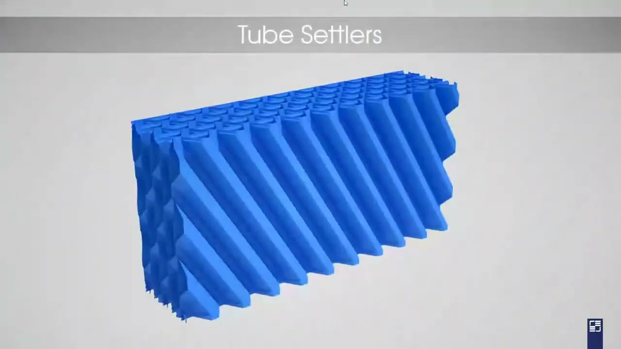 Strength Matters Thumbnail A blue, zigzag-shaped module labeled "Tube Settlers" is displayed at an angle. The tube settler system consists of a series of parallel, sloped channels designed to separate solids from liquids in water treatment processes. The background is light gray.