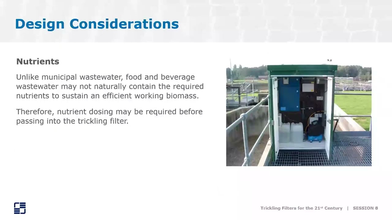 Trickling Filters for Food and Beverage Wastewater Treatment Thumbnail Informative slide on "Design Considerations" for wastewater treatment. The slide discusses nutrient dosing for food and beverage wastewater to sustain biomass. An image shows outdoor trickling filter equipment with blue and silver components on a platform.
