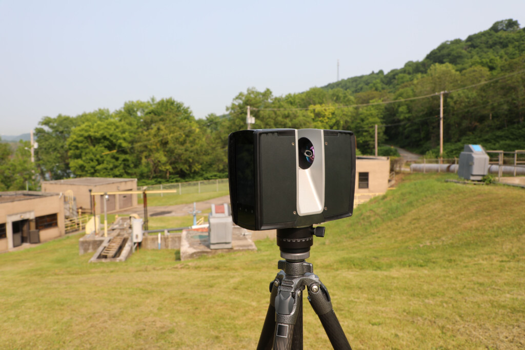 A 3D laser scanner scanning the layout of a wastewater treatment plant.